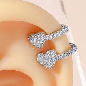 New! 1 Pc Sparkling Rhinestone Double Heart Design Clip on Earring